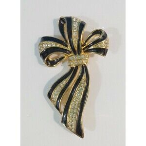 Lady Remington Rhinestone Brooch Pin Gold Black Large Ribbon Bow Signed LR 80/90